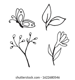 Cute cartoon hand drawn vector doodle illustration. Black outlines Isolated on white background. Set of decorative spring elements. Cute decorative elements for seasonal design, printed materials.