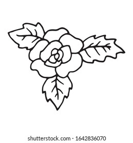 Cute cartoon hand drawn vector doodle illustration. Black outlines Isolated on white background. Decorative rose with leaves. Cute decorative element for seasonal design, printed materials etc