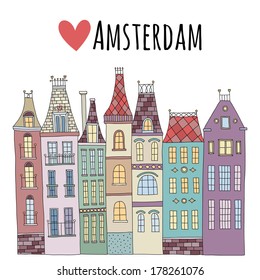 Cute cartoon hand drawn vector european houses in amsterdam