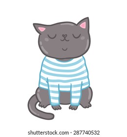 cute cartoon hand drawn vector black cat in striped t-shirt
