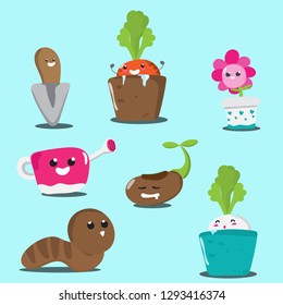 cute cartoon hand drawn of vegetable,worm,flower.gardening vector concept