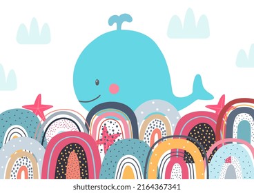 Cute cartoon hand drawn whale on the waves of the rainbow  for the design of a children's carpet in the bedroom