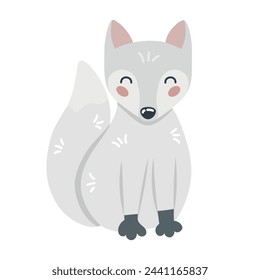 Cute cartoon hand drawn white arctic fox on isolated white background. Character of the polar, tundra, forest animals for the logo, mascot, design.