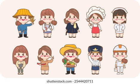 Cute cartoon hand drawn woman in job character set. Thai teacher, farmer,doctor,lawyer,air force, nurse,ems,planter,businesswoman, and government uniform character. illustration vector premium design.