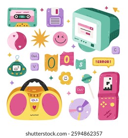 Cute cartoon hand drawn Y2k set with symbols from 90s, 00s. Retro aesthetic clipart of dvd disk, radio, electronic toy, old PC, cassette tape, roller skate, lollipop. Nostalgia for 1990s vibe.