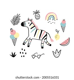 Cute Cartoon Handgezeichnet Zebra - Vektorgrafik. Druck für Textilien, Stoff und Plakat.