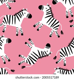 Cute cartoon Hand drawn zebra - vector seamless pattern. Print for textile, fabric and poster.