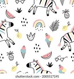Cute cartoon Hand drawn zebra - vector seamless pattern. Print for textile, fabric and poster.