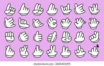 Cute Cartoon Hand Gestures in Black and White on a Pastel Purple Background, Great for Stickers, Animation, Character Design And Design Needs