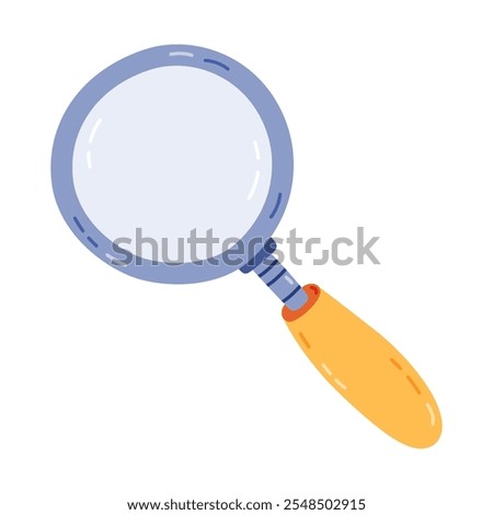 Cute cartoon hand held magnifying glass. Hand drawn loupe with handle as concept of search information, investigating, business idea. Scientific and business magnifier isolated on white background.