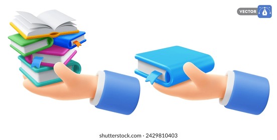 Cute cartoon hand holding or giving multicolored books. 3d realistic conceptual icon on education, back to school theme. Vector illustration