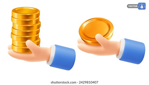 Cute cartoon hand holding or giving gold coins. 3d realistic icon, isolated on white background. Finance, profit, success, or cash back business concept. Vector illustration