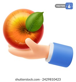 Mano de dibujos animados lindo que sostiene o que da fruta de manzana con hoja. Icono realista 3d, aislado sobre fondo blanco. Comida saludable, saludable o educación, concepto de conocimiento. Ilustración de vector