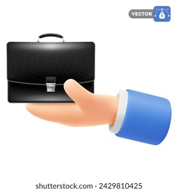 Cute cartoon hand holding or giving black leather business case. 3d realistic icon, isolated on white background. Innovation, startup, proposal, ready made solution business concept. Vecto