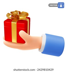Cute cartoon hand holding or giving red gift box with golden bow. 3d realistic icon, isolated on white background. Business concept of win, success, surprise, achievement or award. Vector illustration