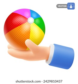 Cute cartoon hand holding or giving colorful beach ball. 3d realistic conceptual icon of vacation, recreation. Invitation to play. Vector illustration
