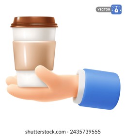 Cute cartoon hand holding or giving disposable cup with hot drink, coffee, tea, etc. 3d realistic icon, isolated on white background. Office break concept. Vector illustration