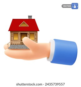 Cute cartoon hand holding or giving beautiful house. 3d realistic icon, isolated on white background. Real estate, purchase or sell, ownership, property or rent concept. Vector illustration