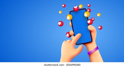 Cute cartoon hand holding mobile smartphone with Likes notification icons on blue background. Social media and marketing concept. Vector illustration