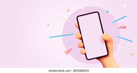 Cute cartoon hand holding mobile smart phone. Modern mockup. Vector illustration