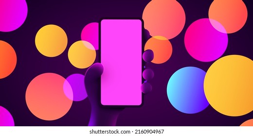Cute cartoon hand holding mobile smart phone. Modern mockup. Vector illustration