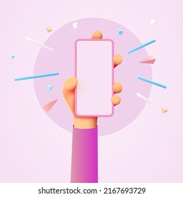 Cute Cartoon Hand Holding Mobile Smart Phone. Modern Mockup. Vector Illustration