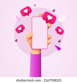 Cute Cartoon Hand Holding Mobile Smartphone With Likes Notification Icons. Social Media And Marketing Concept. Vector Illustration