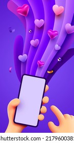 Mano de tira cómica sosteniendo el smartphone móvil con iconos de notificación de "Me gusta". Medios sociales y concepto de marketing. Ilustración del vector