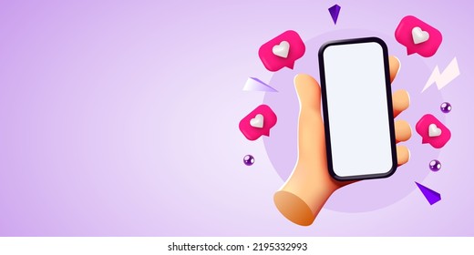 Cute cartoon hand holding mobile smartphone with Likes notification icons. Social media and marketing concept. Vector illustration