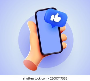 Cute cartoon hand holding mobile smartphone with Likes notification icons. Social media and marketing concept. Vector illustration