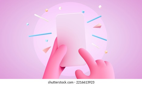 Cute cartoon hand holding mobile smart phone. Modern mockup. Vector illustration