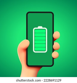 Mano de dibujos animados con smartphone móvil con batería completa. El concepto de vida de la batería. Ilustración del vector