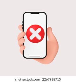 Cute cartoon hand holding a mobile smartphone right wrong sign. Symbols of rejection. Hand gesture. Isolated on white background. Realistic 3d symbol icon design. Vector illustration. 