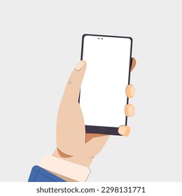 Cute cartoon hand holding mobile smart phone. Modern mockup. Vector illustration. Hand holding black smartphone, touching blank white screen. Using mobile smart phone, flat design concept. Eps 10 