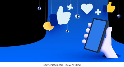 Cute cartoon hand holding mobile smartphone with Likes notification icons. Social media and marketing concept. Vector illustration