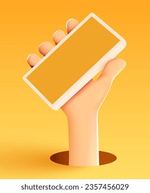 Cute cartoon hand holding mobile smart phone. Modern mockup. Vector illustration