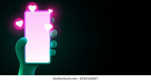Cute cartoon hand holding mobile smartphone with Likes notification icons. Social media and marketing concept. Vector illustration