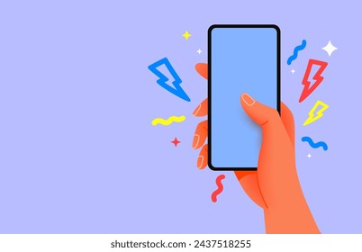 Nette Cartoon Hand hält Handy. Modernes Mockup, Smartphone in der Hand, Drücken des Touchscreens, Webbanner. Vektorgrafik