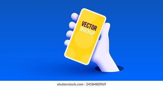 Cute cartoon hand holding mobile smart phone. Modern mockup. Vector illustration