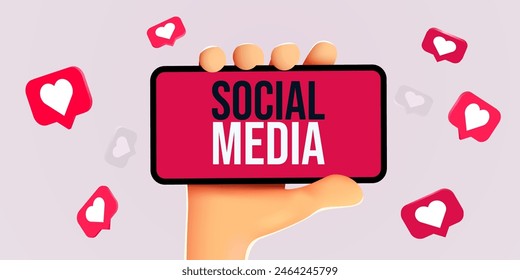 Cute cartoon hand holding mobile smartphone with Likes notification icons. Social media and marketing concept. Vector illustration