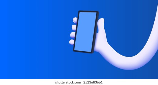 Cute cartoon hand holding mobile smart phone. Modern mockup. Vector illustration