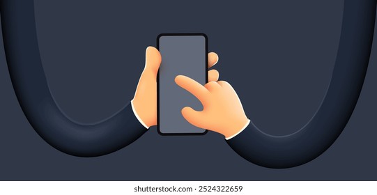 Cute cartoon hand holding mobile smart phone. Modern mockup. Vector illustration