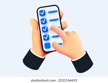 Cute cartoon hand holding mobile smartphone with checklist. Feedback concept. Vector illustration