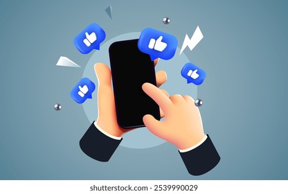 Mano linda de la historieta que sostiene el smartphone móvil con los iconos de la notificación de los gustos. Concepto de redes sociales y marketing. Ilustración vectorial