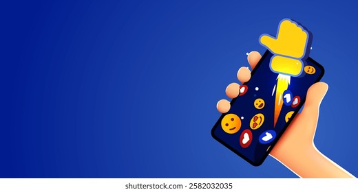 Cute cartoon hand holding mobile smartphone with Likes notification icons. Social media and marketing concept. Vector illustration