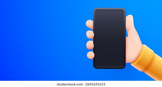 Cute cartoon hand holding mobile smart phone. Modern mockup. Vector illustration