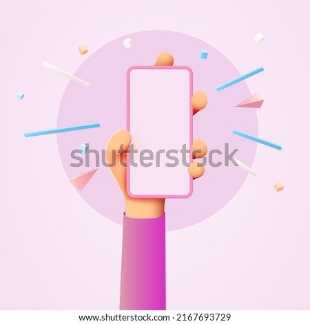 Cute cartoon hand holding mobile smart phone. Modern mockup. Vector illustration