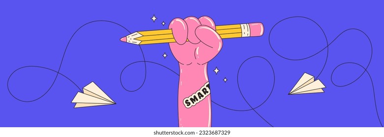 
Cute cartoon hand holding a pencil. Banner with education conception. Back to school. Contemporary vector illustration.