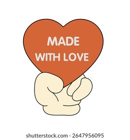 Cute cartoon hand holding a red heart with made with love text, flat vector style for romantic gift design