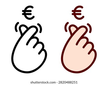 Cute cartoon hand making Italian money gesture, rubbing fingers. Black and white line icon and color drawing. Simple vector clip art illustration.